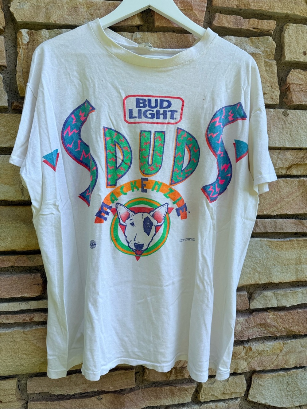 Official 1987 Bud Light “Spuds” MacKenzie Graphic Tee White with Neon Accents